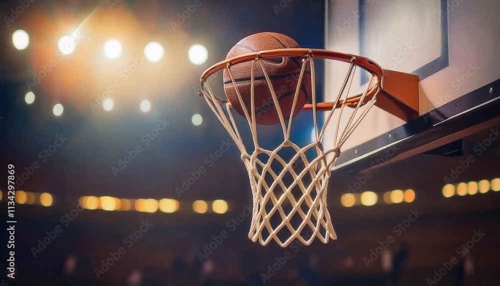 Close-Up of Basketball Mid Air Just Before Scoring Through Hoop Under Arena Lights. Perfect Moment Depicting Precision, Timing, and NBA Gameplay Energy for Sports Promotion or Inspirational Concept Close-Up of Basketball Mid Air Just Before Scoring Through Hoop Under Arena Lights. Perfect Moment Depicting Precision, Timing, and NBA Gameplay Energy for Sports Promotion or Inspirational Concept