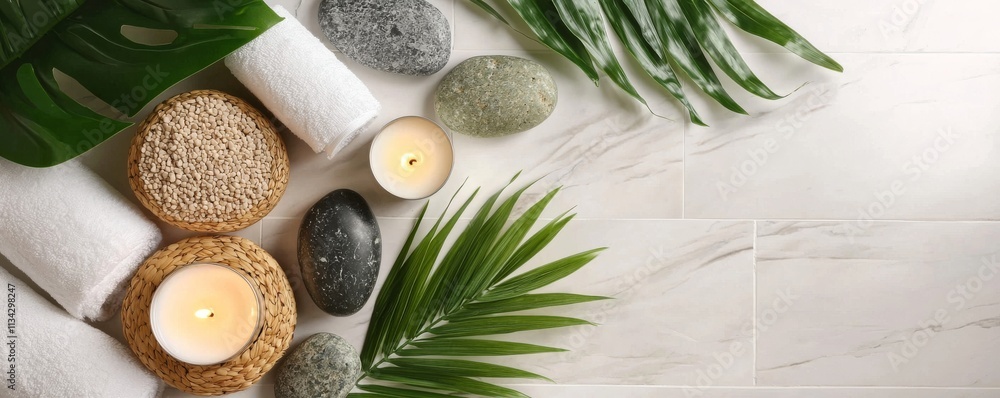 A serene spa arrangement featuring candles, soft towels, smooth stones, and green leaves, promoting relaxation and tranquility. A serene spa arrangement featuring candles, soft towels, smooth stones, and green leaves, promoting relaxation and tranquility.