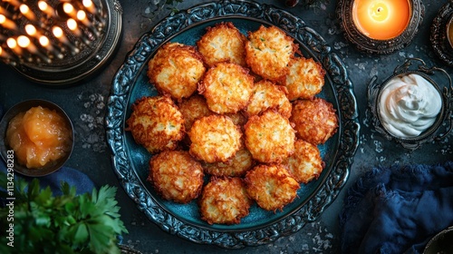 Golden, crispy latkes arranged on a decorative plate photo