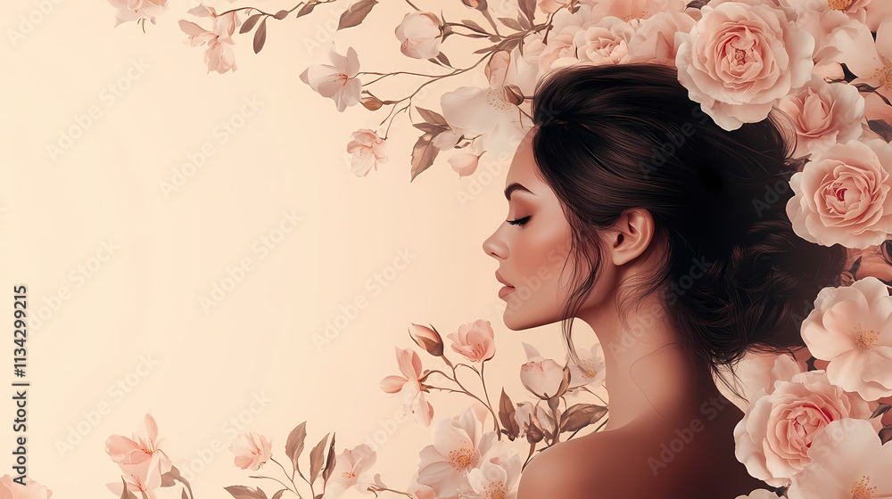 Spring mood woman profile with peach roses for International Women's Day greeting card Spring mood woman profile with peach roses for International Women's Day greeting card