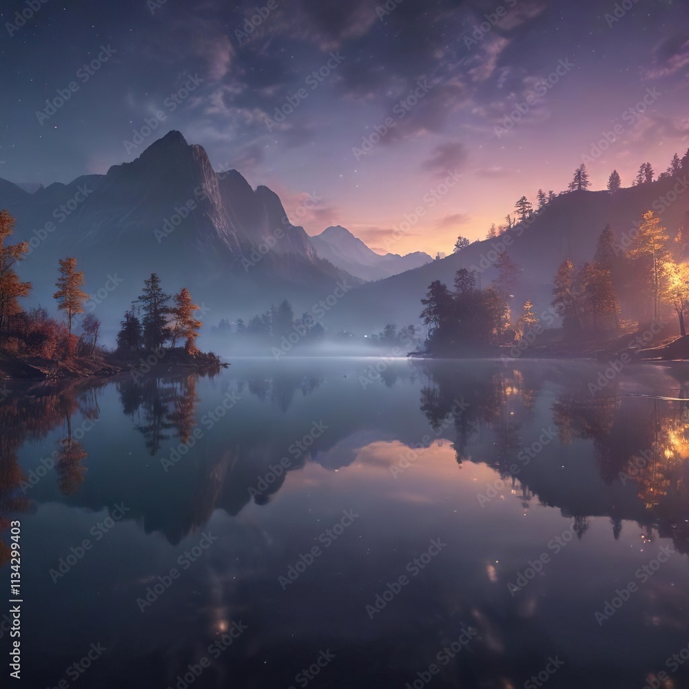 Softly glowing mist rises from a serene lake surface on a still night, serene atmosphere, water reflection Softly glowing mist rises from a serene lake surface on a still night, serene atmosphere, water reflection