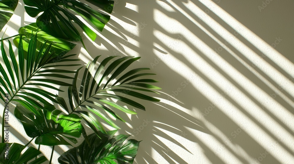 Lush green palm leaves cast intricate shadows on a light wall, creating a serene and tranquil atmosphere filled with natural beauty. Lush green palm leaves cast intricate shadows on a light wall, creating a serene and tranquil atmosphere filled with natural beauty.