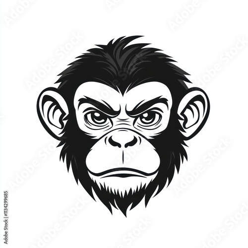 Angry chimpanzee head illustration, monochrome style. photo