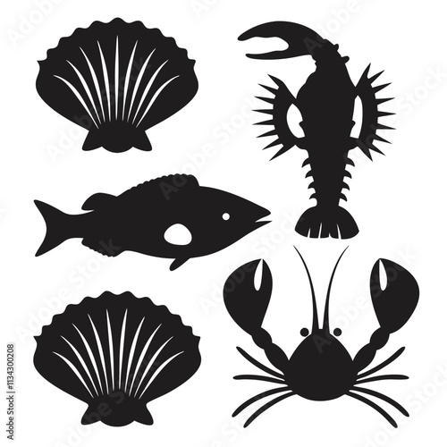 Fish and shellfish silhouettes vector White Background