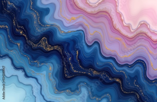 Abstract fluid art background with elegant blue, purple colors. Gold swirls create stylish design. Ideal for modern decor unique fashion concepts. Creative abstract design with wavy lines, pastel