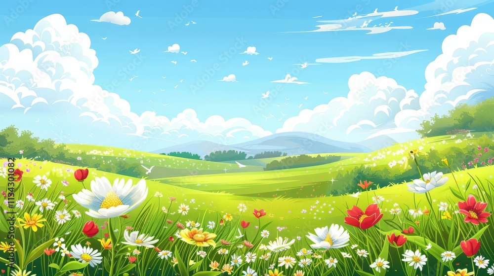 Fototapeta premium Vibrant Spring Meadow Under a Blue Sky