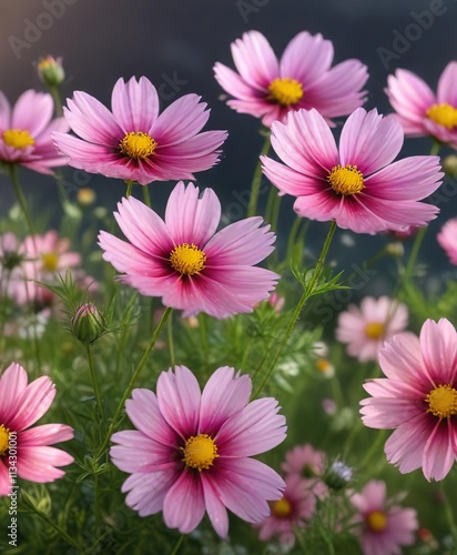 Cosmos flowers unfolding their delicate petals in the morning dew , unfold, blooms, dewdrop