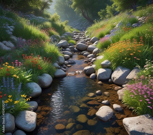 Lush greenery and vibrant wildflowers surround a small, babbling brook that flows over smooth stones , lush, water, brook photo