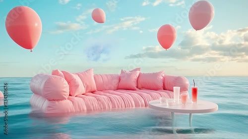 Surreal pink inflatable sofa and table with drinks on water surrounded balloons and cloouds floating in sea. Concept paradise vacation and date. Valentine's Day. Advertising comfortable furniture. photo