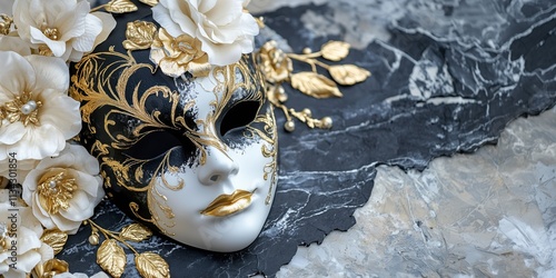 An ornate Venetian mask with gold detailing and white flowers lies on a luxurious marble surface, symbolizing elegance, mystery, and celebration. photo