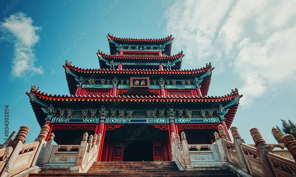 Ancient Chinese pagoda with red and teal accents Ancient Chinese pagoda with red and teal accents