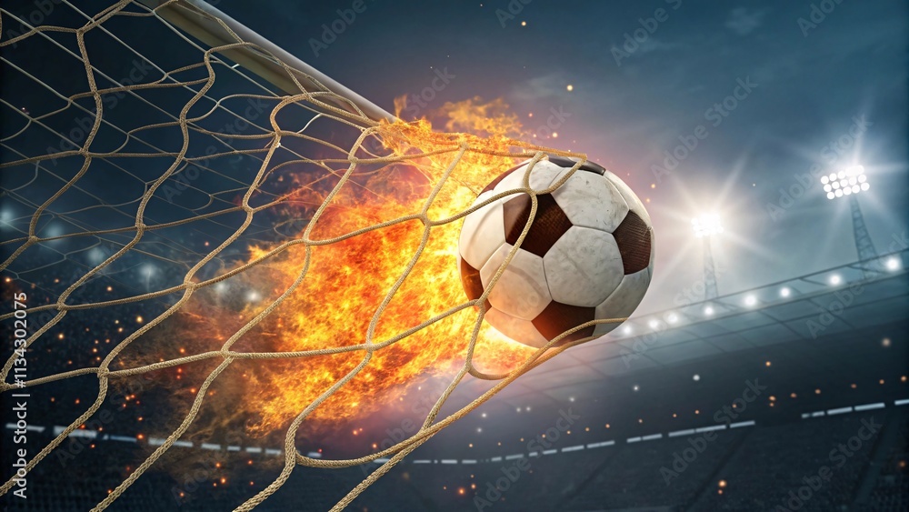 Fototapeta premium Explosive Soccer Goal Ball on Fire Soaring Through the Net V1