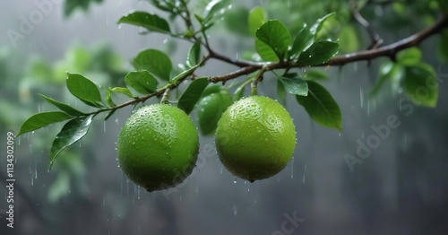 Small green lime clinging to a tree branch in the rain, Rain, Green