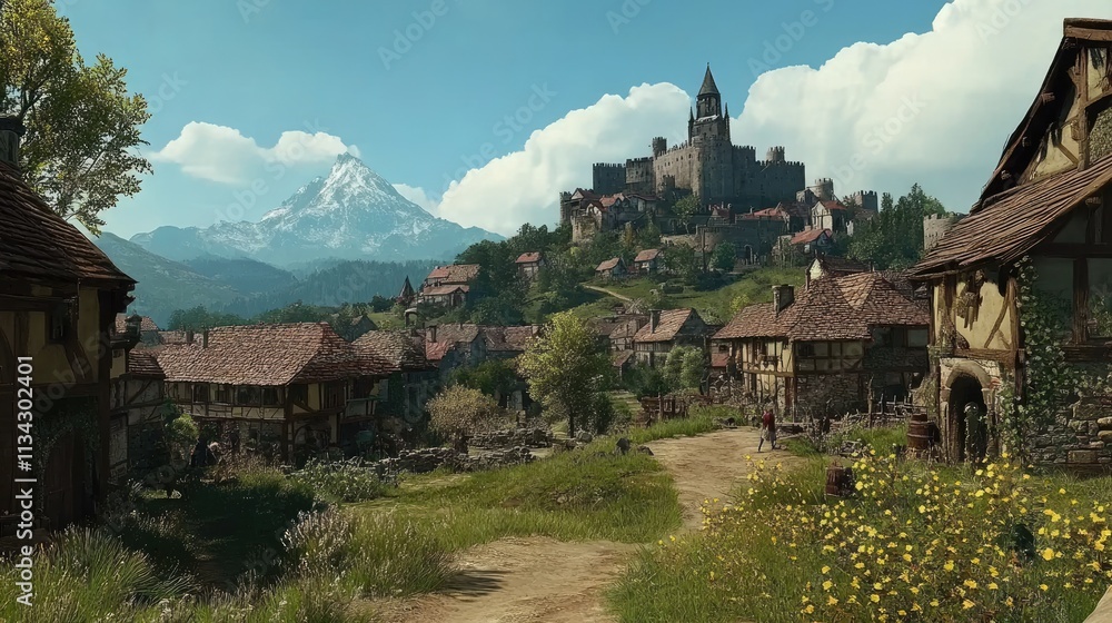 village in the Middle Ages, with a castle visible in the background. village in the Middle Ages, with a castle visible in the background.