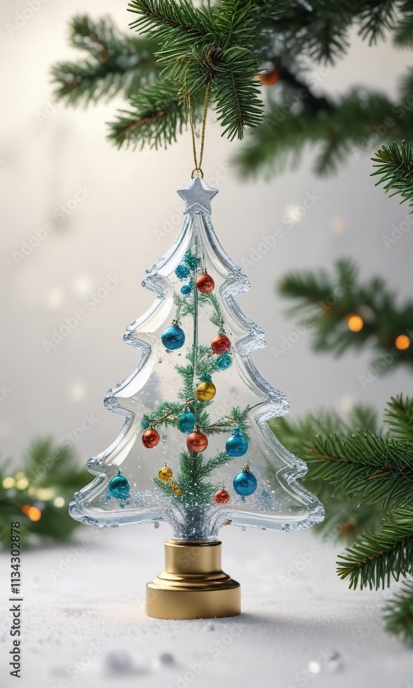 Glass Christmas tree ornament against snowy white backdrop, quiet calm, gentle flakes Glass Christmas tree ornament against snowy white backdrop, quiet calm, gentle flakes