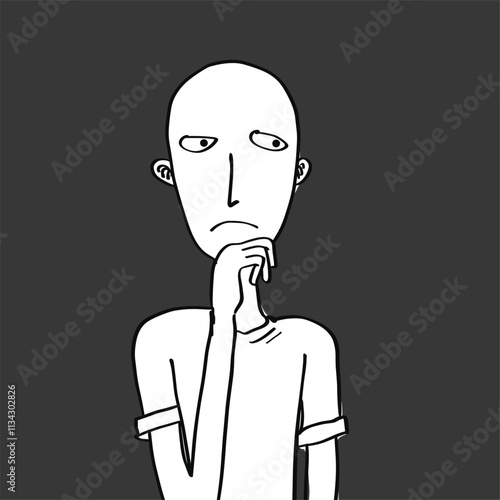 Black and white drawing of a contemplative figure.