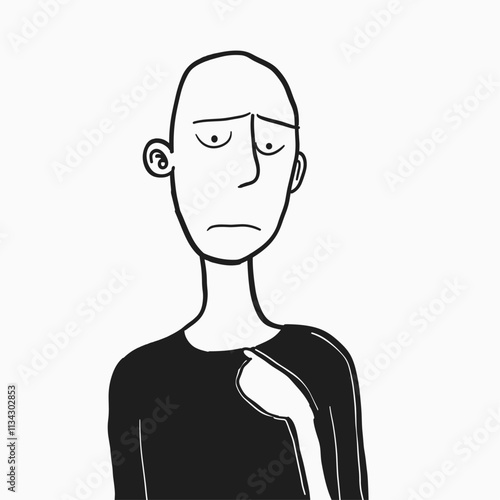 Black and white drawing of a contemplative figure.