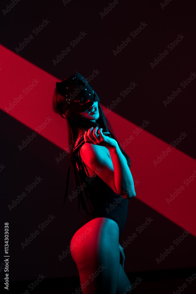 custom made wallpaper toronto digitalCaptivating Woman in a Cat Mask With a Whip Embodies Allure and Dominance in a Dramatic BDSM-themed Setting