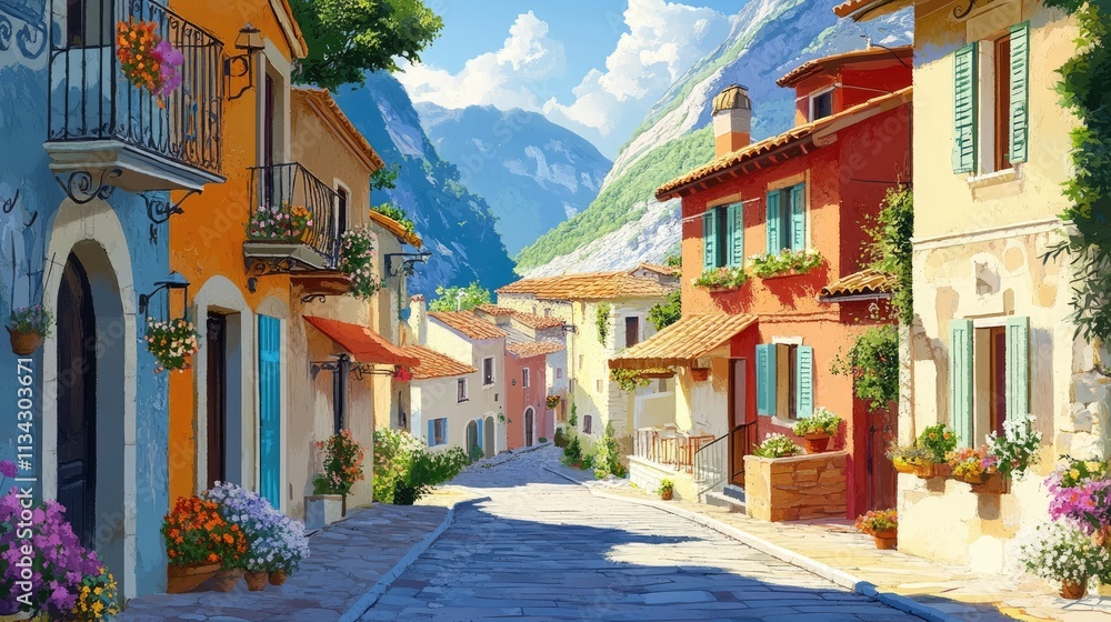 Fototapeta premium village mediterranean villages charming illustration travel house, building architecture, street home village mediterranean villages charming