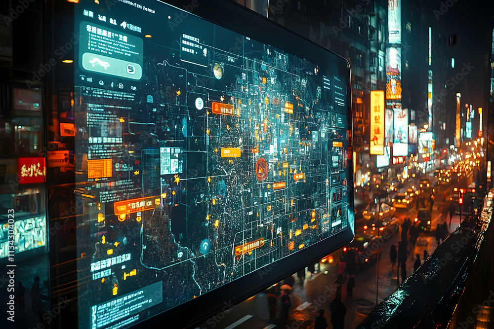 Obraz premium Futuristic cityscape with a digital map overlay, showcasing urban data and connectivity.