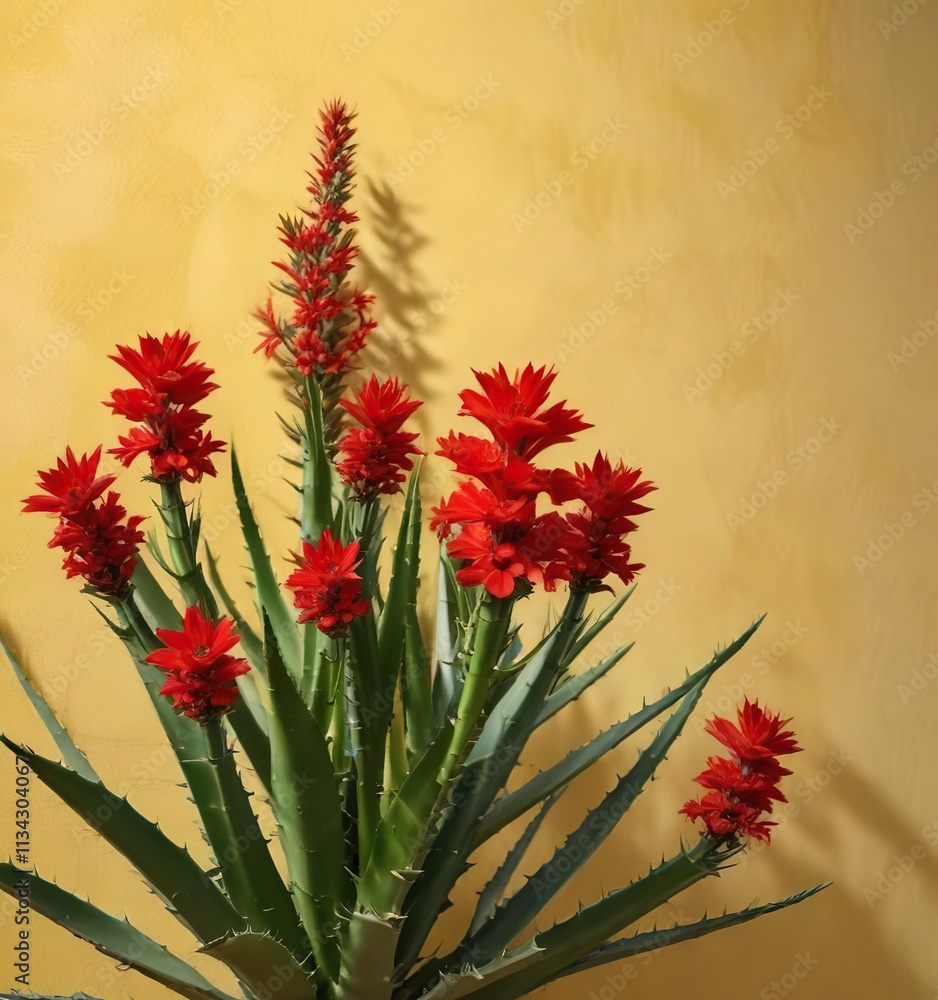 red flowers of aloe arborescens krantz against a yellow wall background , flowering succulent, succulent plant red flowers of aloe arborescens krantz against a yellow wall background , flowering succulent, succulent plant