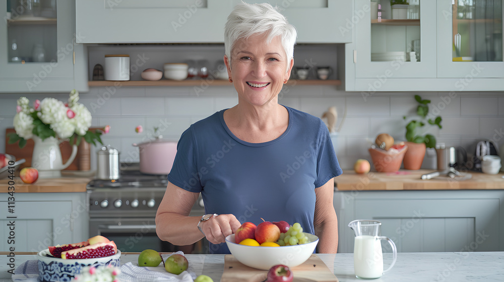 attractive woman in her late fifties with short white hair, smiling and eating fruit from bowl while standing at kitchen counter, wearing blue t-shirt, minimalistic modern style kitchen with stainless attractive woman in her late fifties with short white hair, smiling and eating fruit from bowl while standing at kitchen counter, wearing blue t-shirt, minimalistic modern style kitchen with stainless