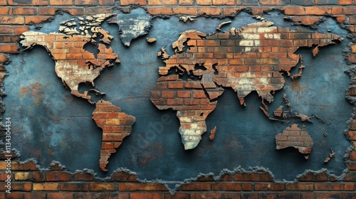 Brick world map, grunge texture; no people.