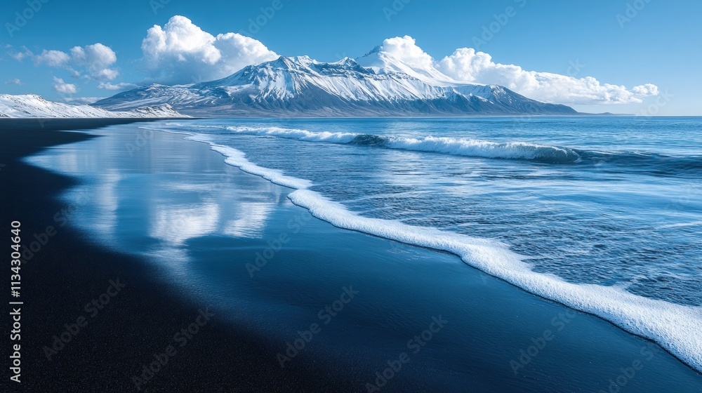 Scenic view of a snowy mountain by a black sand beach Scenic view of a snowy mountain by a black sand beach