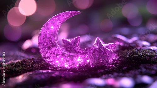 Glowing purple crescent moon and stars on moss.
