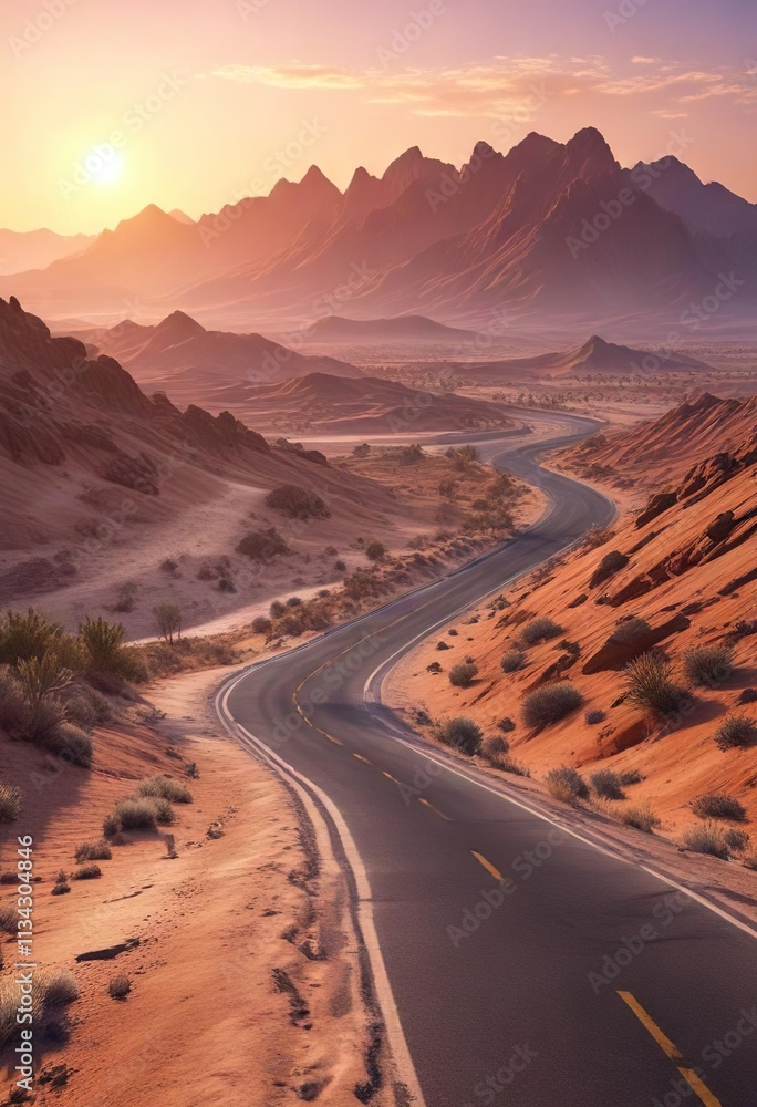 Fototapeta premium Desert landscape with a winding road and a stunning view of the mountain range at sunset, winding road, gentle slope, sunset