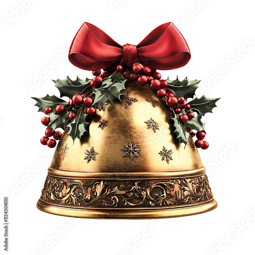 A festive golden bell adorned with holly leaves, red berries, and a bright red bow, embodying the spirit of Christmas.,on white background , PNG transparent 