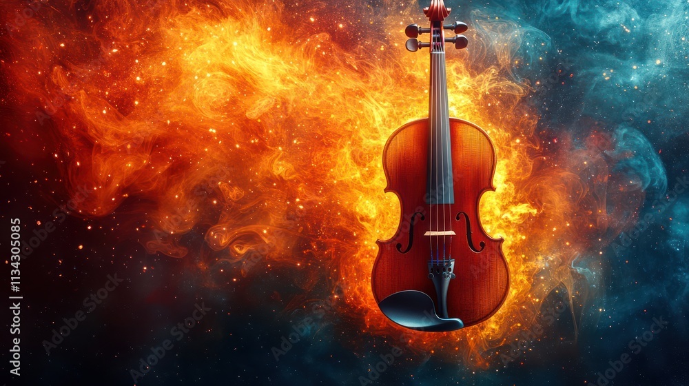 Fototapeta premium Violin engulfed in fiery, smoky swirls.