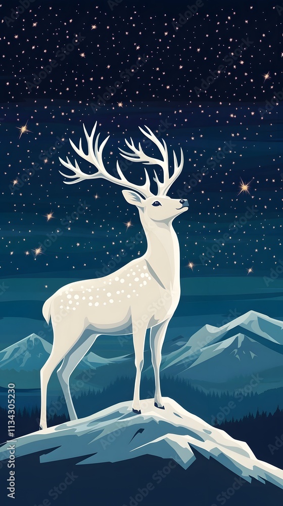 A majestic white deer with perfect antlers, on the mountain and the view of the stars in the beautiful sky