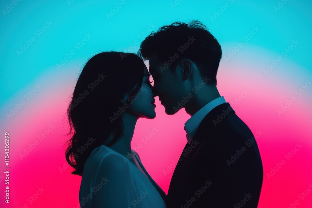 A romantic silhouette of a couple leaning in for a kiss against a vibrant, colorful background, evoking intimacy and connection. A romantic silhouette of a couple leaning in for a kiss against a vibrant, colorful background, evoking intimacy and connection.