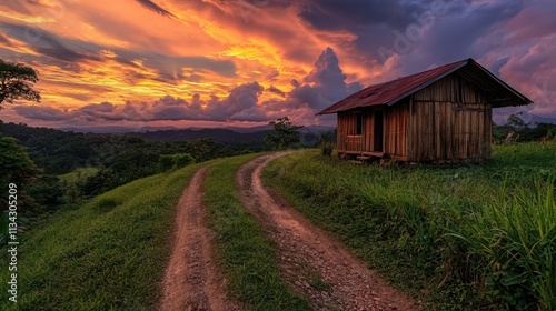 Rustic wooden cabin on a hilltop overlooking a vibrant sunset and winding dirt road.