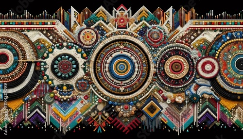 Beaded tapestry showing colorful geometric patterns and circular designs on black background