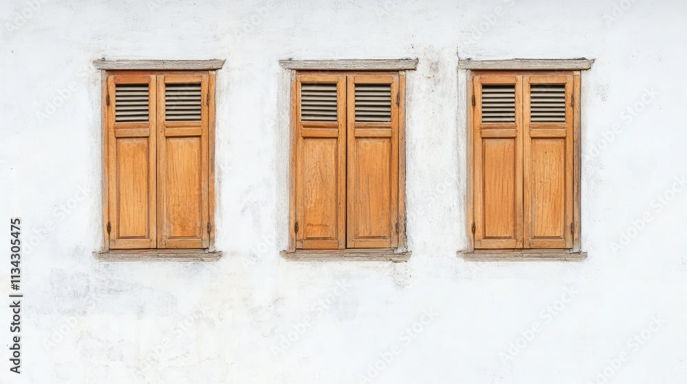 Fototapeta premium Vintage design wooden windows are shut on a white cement wall
