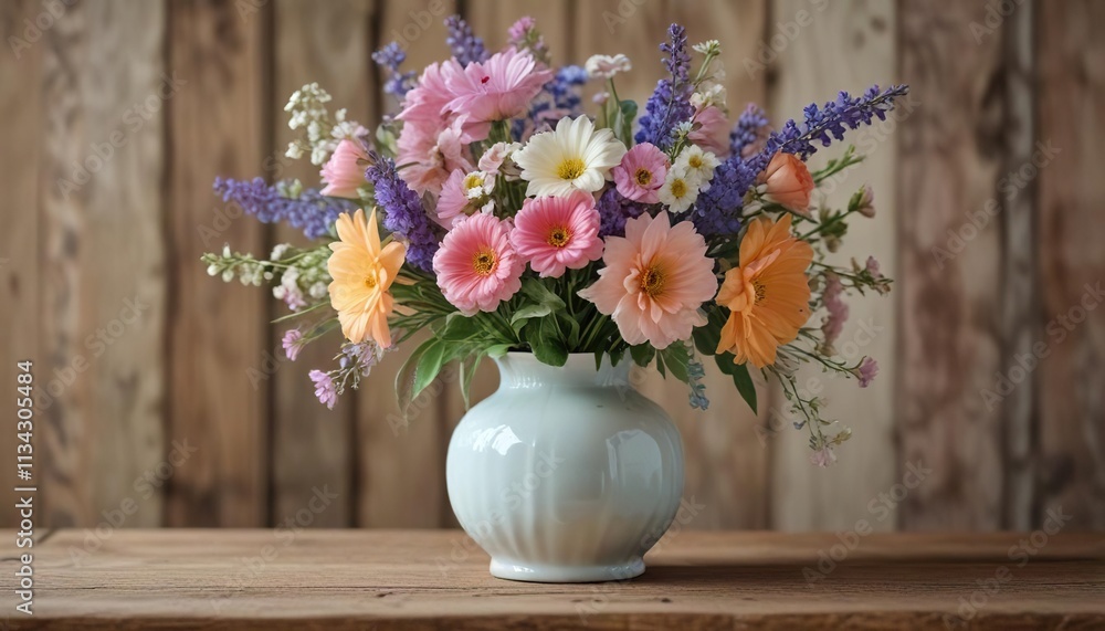 A delicate mix of pastel-colored flowers placed in a small ceramic vase on a vintage wooden table, living room, serene A delicate mix of pastel-colored flowers placed in a small ceramic vase on a vintage wooden table, living room, serene