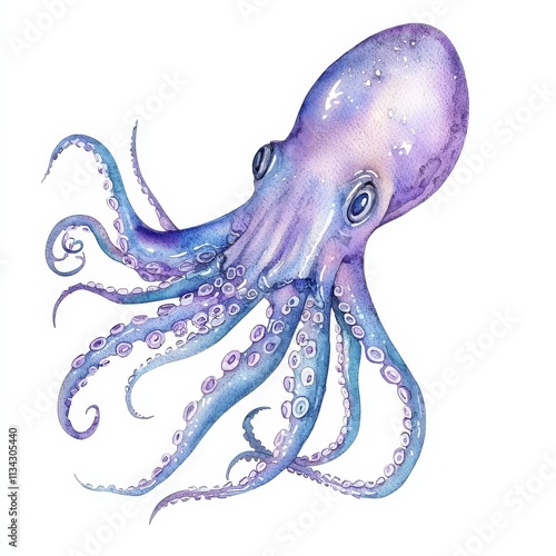 A vibrant, watercolor illustration of an octopus with flowing tentacles and a mix of purple and blue hues, showcasing its unique and captivating form. photo