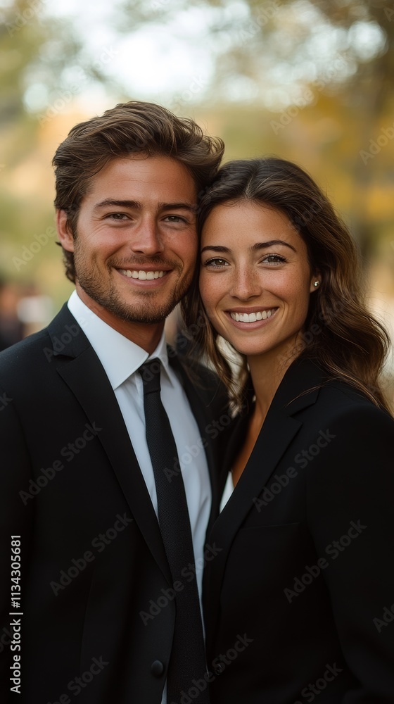 A happy couple in suits smiles effortlessly, embodying elegance and joy in an outdoor setting with blurred foliage. A happy couple in suits smiles effortlessly, embodying elegance and joy in an outdoor setting with blurred foliage.