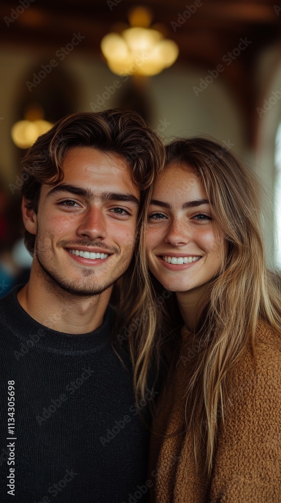 Happy young couple smiling warmly in a cozy indoor environment, emitting a sense of joy and togetherness. Happy young couple smiling warmly in a cozy indoor environment, emitting a sense of joy and togetherness.
