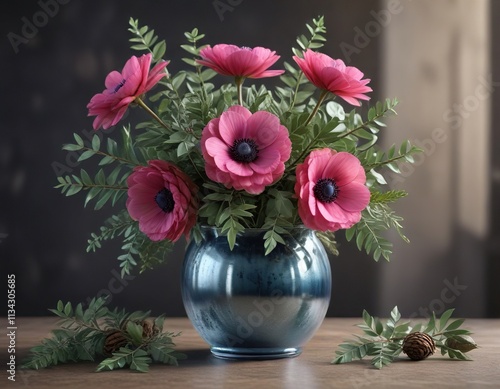 Wallpaper Mural Anemone flowers in a mercury glass vase with eucalyptus leaves and pinecones , anemone flowers, eucalyptus Torontodigital.ca