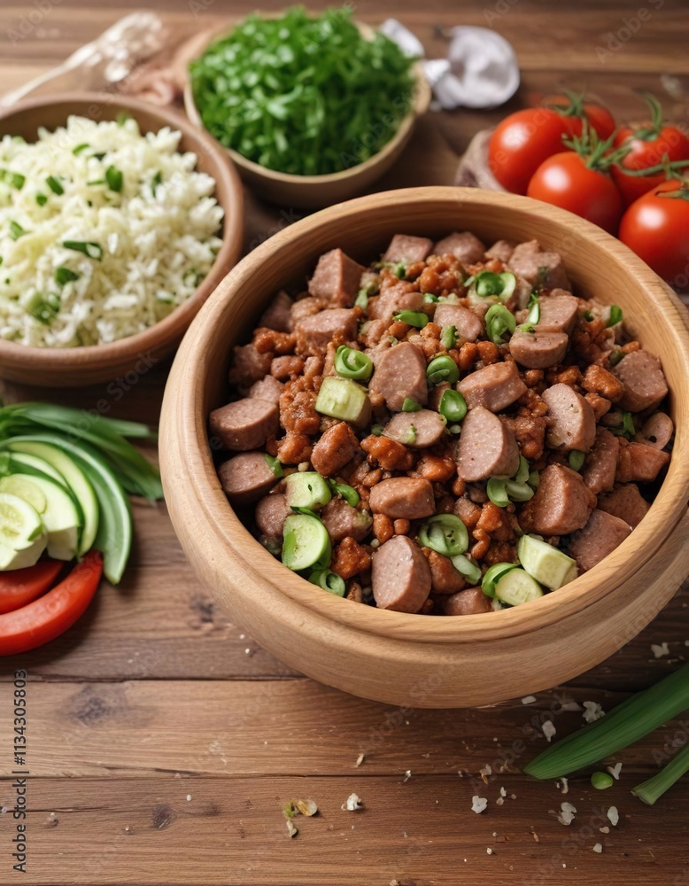 Brown bowl filled with crumbled sausage mixture, topped with chopped scallions and served on a wooden table, crumble texture, sausages Brown bowl filled with crumbled sausage mixture, topped with chopped scallions and served on a wooden table, crumble texture, sausages