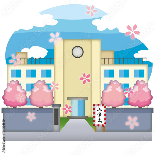 桜舞う入学式の学校イラスト