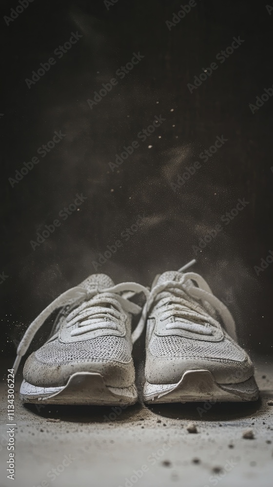 Pair of dusty white sneakers with laces on a dark background, capturing a gritty, worn-out aesthetic. Pair of dusty white sneakers with laces on a dark background, capturing a gritty, worn-out aesthetic.