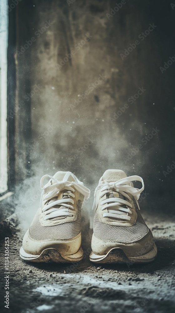 A pair of well-worn sneakers sits on a dusty surface, capturing a vintage and weathered aesthetic in muted tones. A pair of well-worn sneakers sits on a dusty surface, capturing a vintage and weathered aesthetic in muted tones.