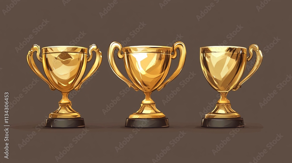 Three glossy golden trophies lined up against a brown background, reflecting light beautifully. Three glossy golden trophies lined up against a brown background, reflecting light beautifully.