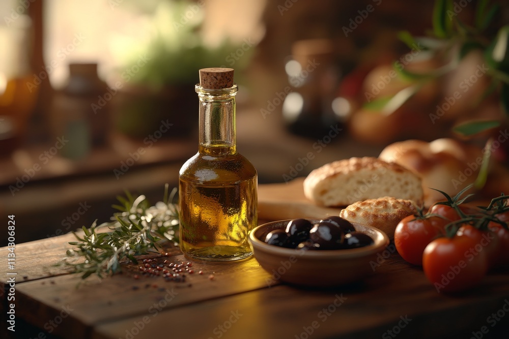 Cozy kitchen setting showcasing olive oil, fresh bread, olives, and tomatoes, creating a warm, inviting Mediterranean atmosphere. Cozy kitchen setting showcasing olive oil, fresh bread, olives, and tomatoes, creating a warm, inviting Mediterranean atmosphere.
