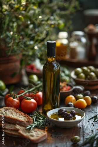 A bottle of olive oil surrounded by fresh tomatoes, olives, and bread, creating a rustic Mediterranean culinary setting.