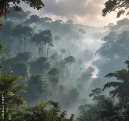 Misty veil lifts to reveal a breathtaking view of an Amazonian rainforest, canopy, branches, tree photo